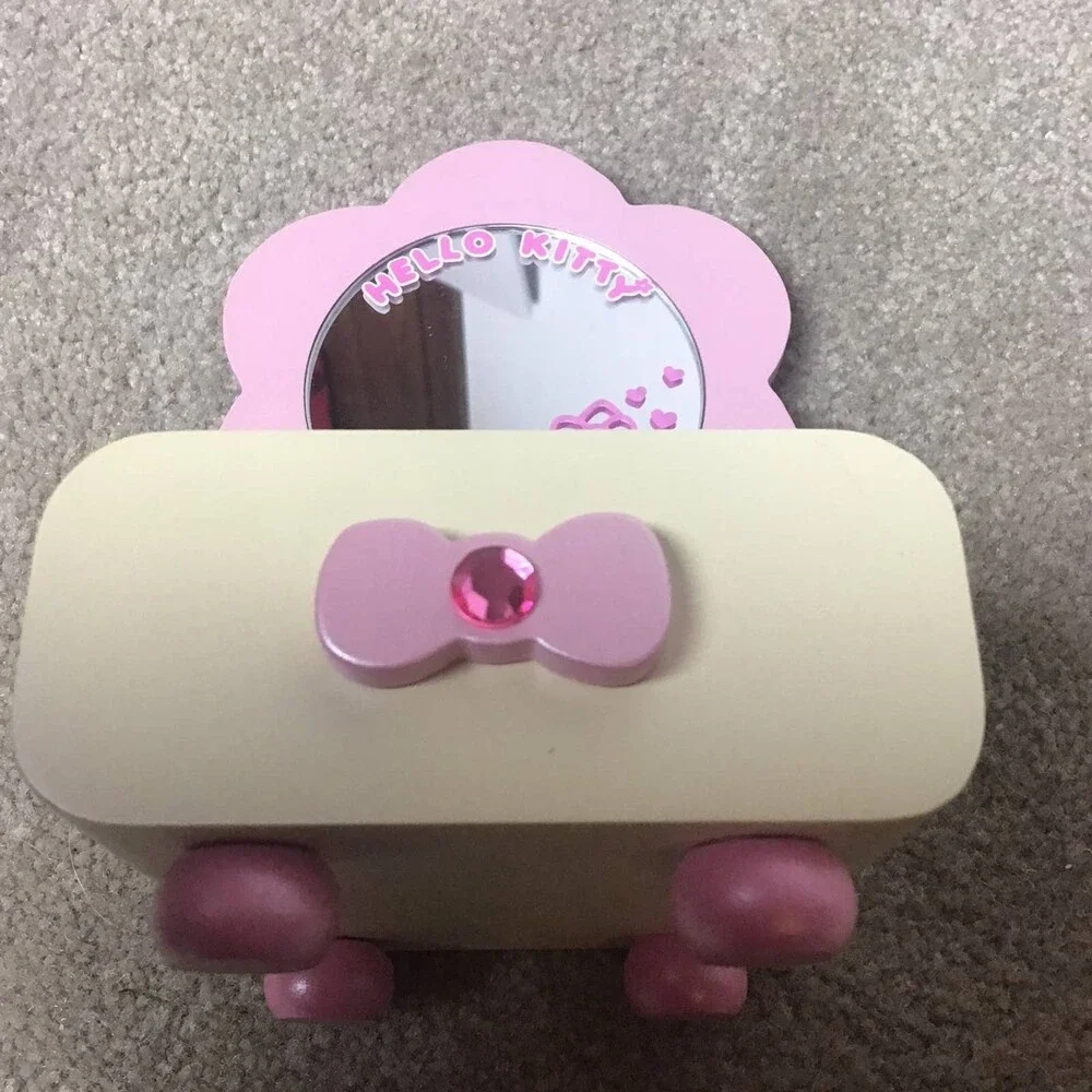 Vintage 2005 Sanrio Hello Kitty Wood Jewelry Box Mirror Rhinestone Y2K RARE
